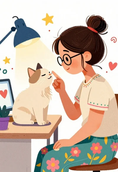 Young woman with glasses gently touching nose of fluffy cream cat indoors