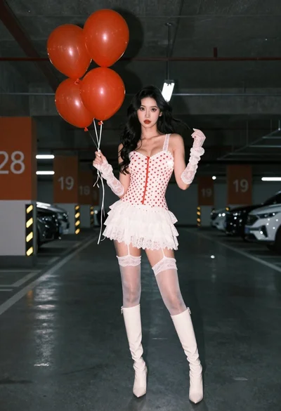 Woman in polka dot outfit in underground parking garage