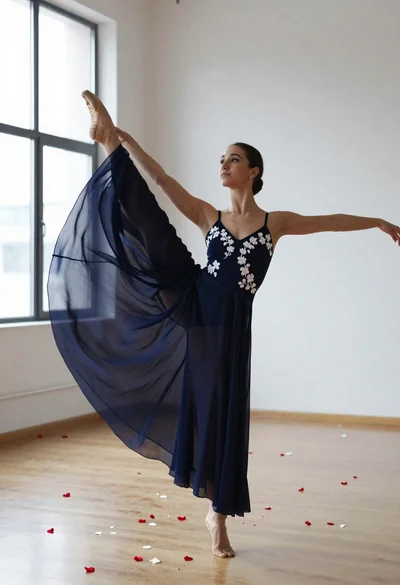 Graceful woman in navy blue gown performing dance pose in studio