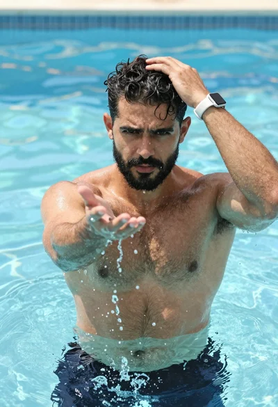 Muscular man in blue pool splashing water under sunlight