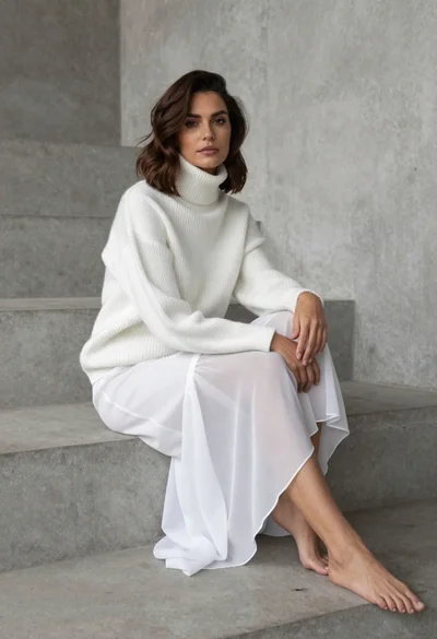 Woman in white ribbed sweater sitting on concrete steps fashion portrait