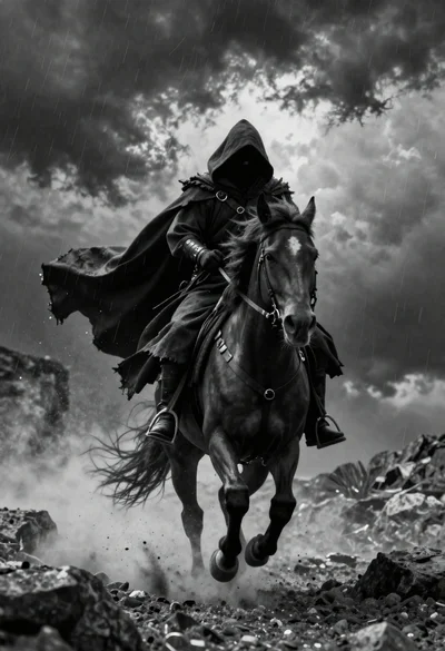 Hooded figure riding dark horse over rocky terrain