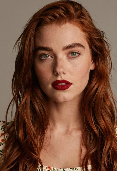 Portrait of young woman with reddish hair and green eyes