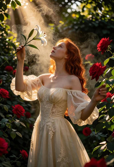Woman with red hair holding white lily in lush garden under golden