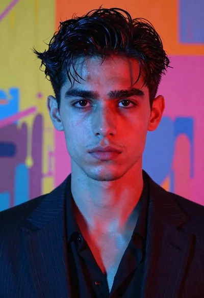 Portrait of handsome young man with dark wet hair in pinstripe suit
