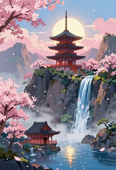 Anime pagoda on mountain peak with cherry blossoms