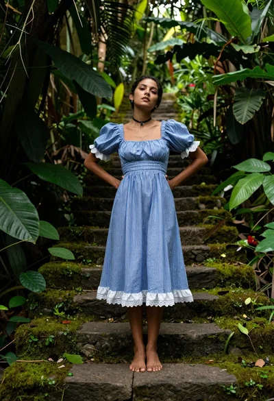 Woman in striped dress standing on mossy stone steps in lush forest