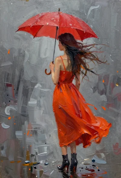 Woman holding red umbrella in the rain oil painting