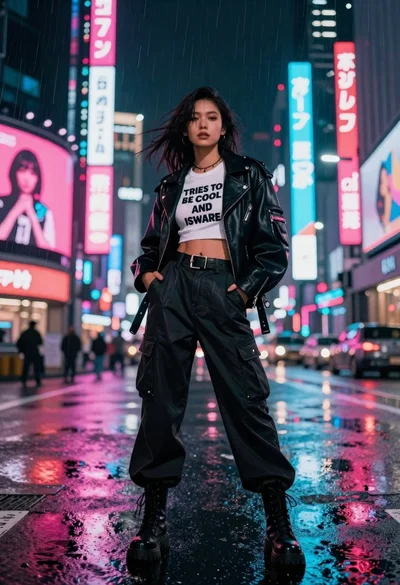 Woman in leather jacket on neon lit rainy city street