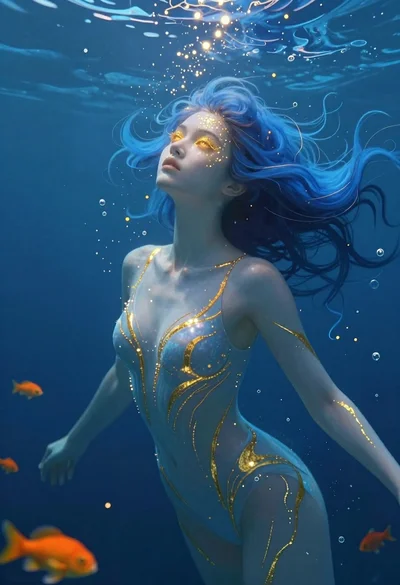 Ethereal woman floating underwater with glowing eyes