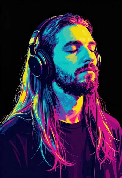 Stylized portrait of man with headphones in black void