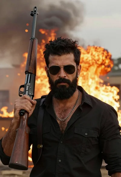 Man with beard holding rifle against massive explosion of orange flames