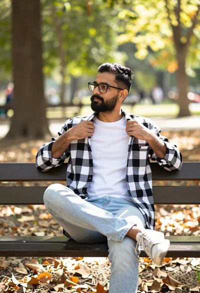 Man sitting casually on wooden bench in sunlit park with fallen leaves