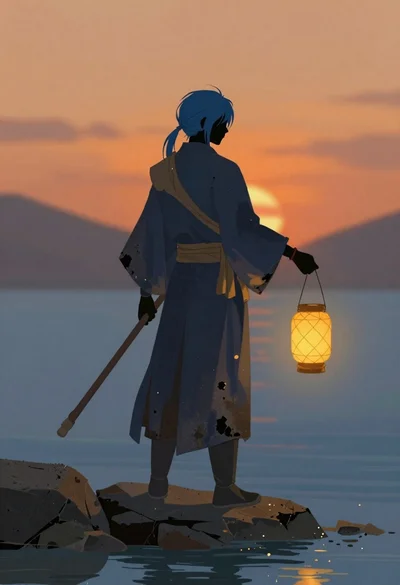 Androgynous warrior standing by water at sunset