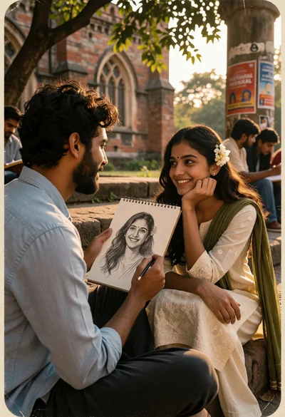 Young man sketching woman on stone steps near gothic architecture
