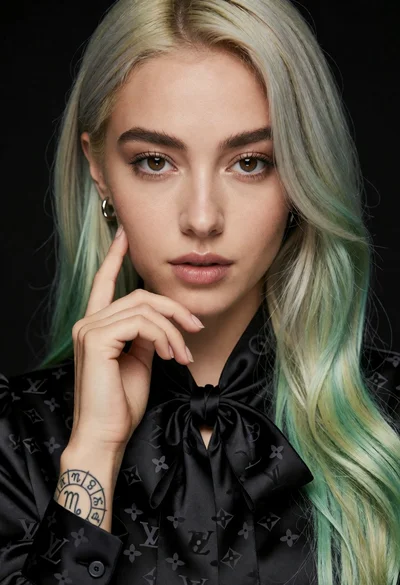 Close up portrait of woman with mint green hair against deep black