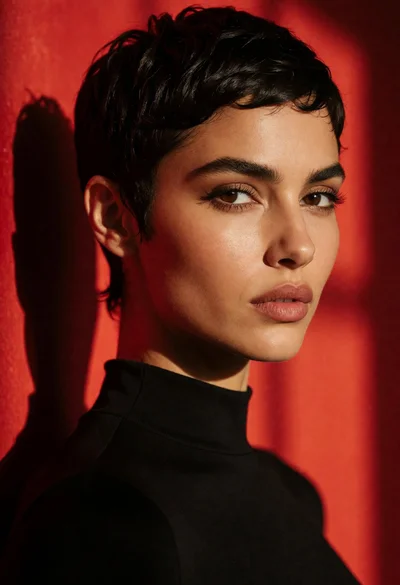 Close up portrait of woman with dark hair against vibrant red background