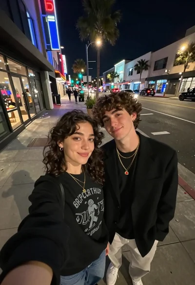 Young couple taking a selfie on a city sidewalk at night