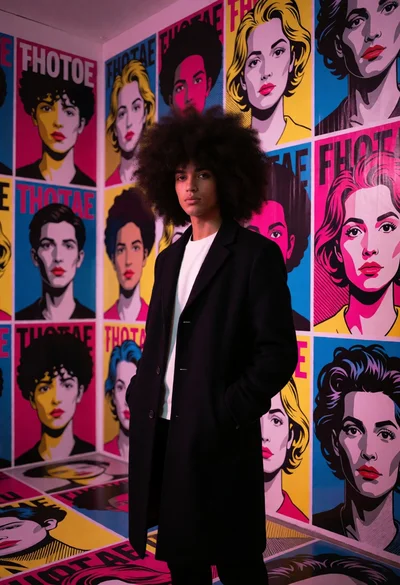 Person with afro coat standing against vibrant pop art poster wall indoors
