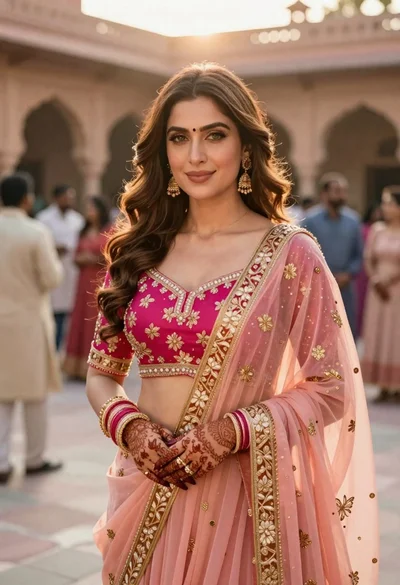 Indian woman in pink and peach traditional dress in sunlit courtyard