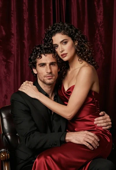 Man in black suit and woman in red gown posing in studio