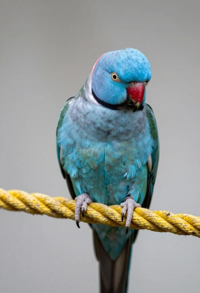 Close up portrait of vibrant blue indian ringneck parrot on yellow rope