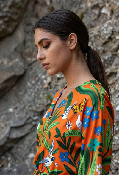 Profile portrait of woman in vibrant nature patterned top against blurred rocks
