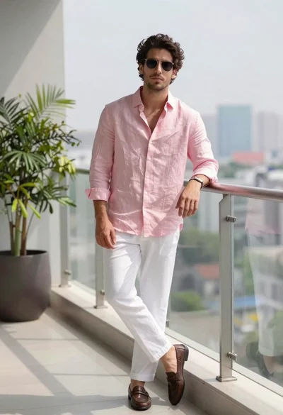 Stylish young man leaning on balcony overlooking blurred city skyline