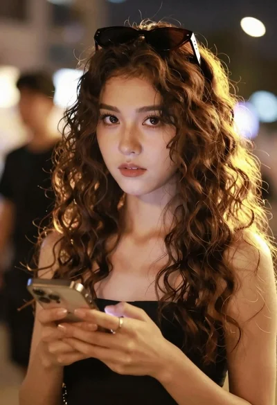 Closeup portrait of young woman with brown hair holding smartphone at evening
