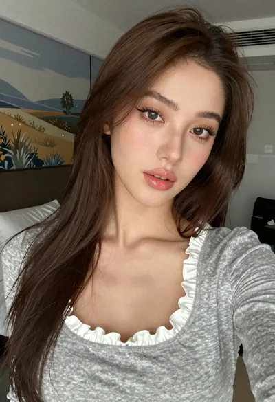 Close up selfie portrait of young woman with brown hair indoors