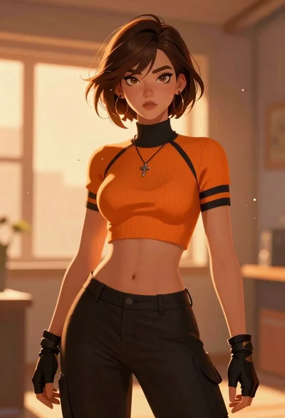 Anime woman with brown hair in orange crop top