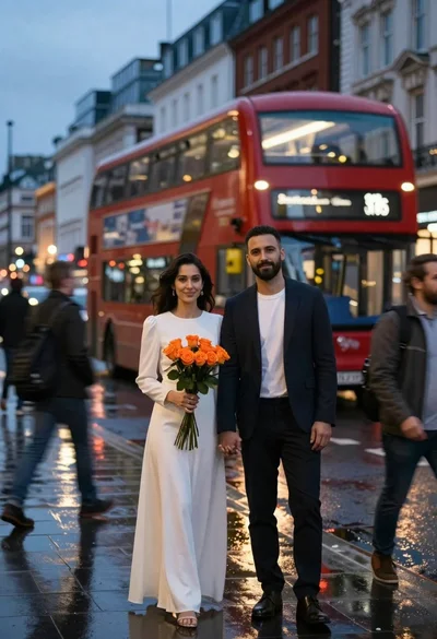 Romantic couple holding hands on city street at dusk with blurred red