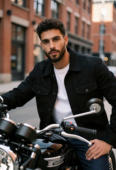 Man with dark curly hair sitting on black motorcycle in brick city