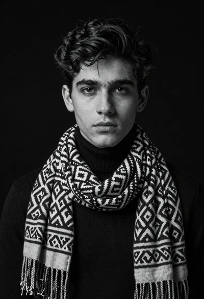 Black and white portrait of young man in turtleneck and patterned scarf