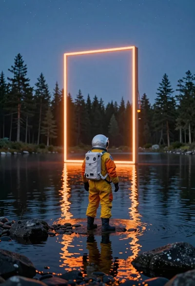 Astronaut standing in shallow water at twilight near pine forest
