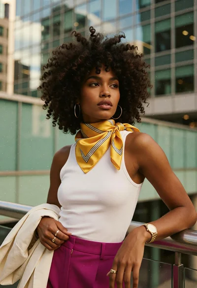 Stylish woman with afro against modern glass architecture in urban setting