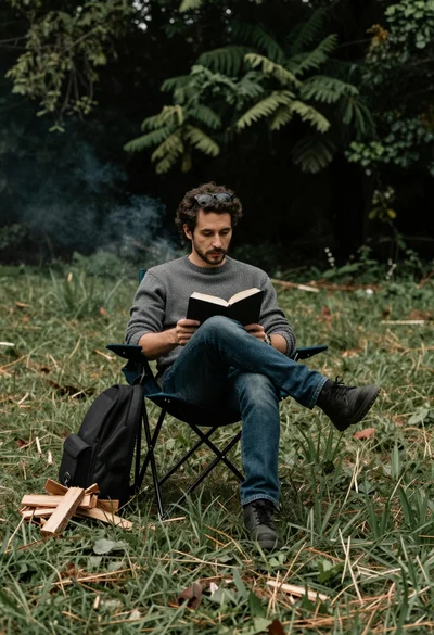 Man reading book in folding chair on grassy field near wood pile