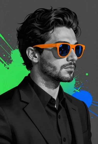 Man in profile wearing orange sunglasses reflecting futuristic cityscape