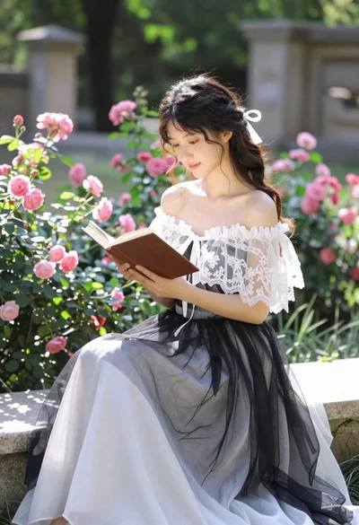 Young woman reading book on stone bench in sunlit garden ruins