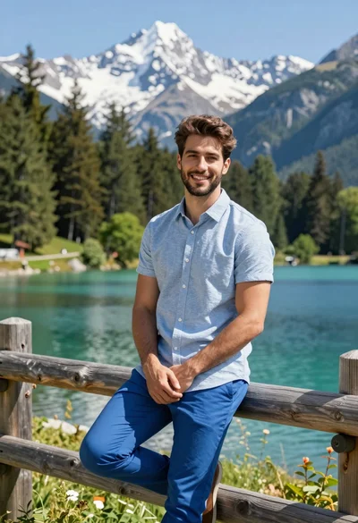 Handsome man leaning on wooden fence in alpine lake mountain landscape