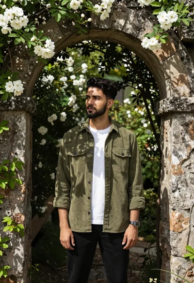 Young man in olive shirt standing inside a rustic stone archway with