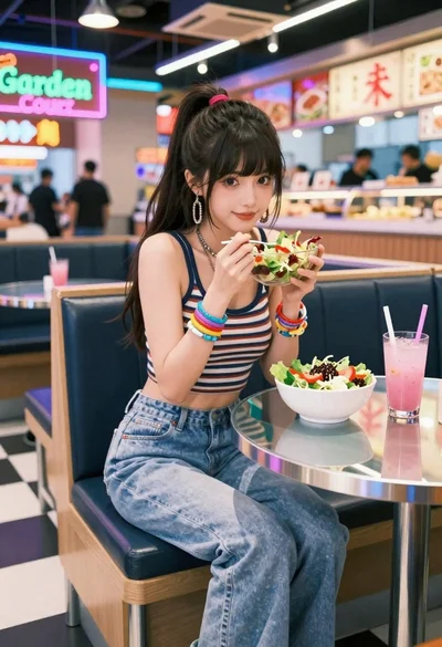 Anime woman in food court eating salad