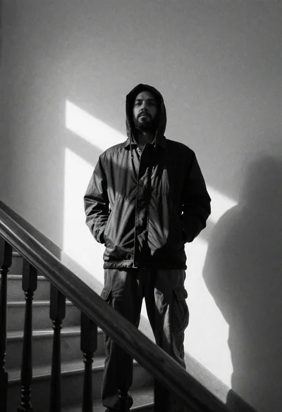 Black and white portrait of bearded man on staircase