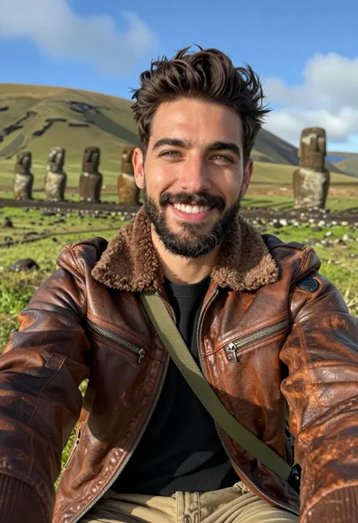 Handsome man taking a selfie in lush green valley with moai statues