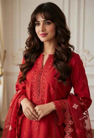 Young woman in vibrant red traditional embroidered tunic indoors