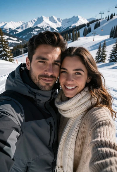 Couple selfie in winter gear against snowy mountain resort backdrop