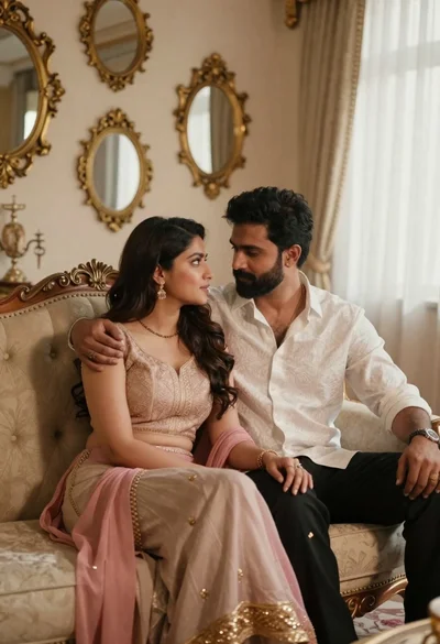 Romantic couple sitting together on an ornate sofa in luxurious room