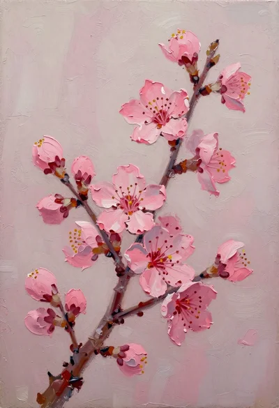 Pink cherry blossoms on a dark gnarled branch