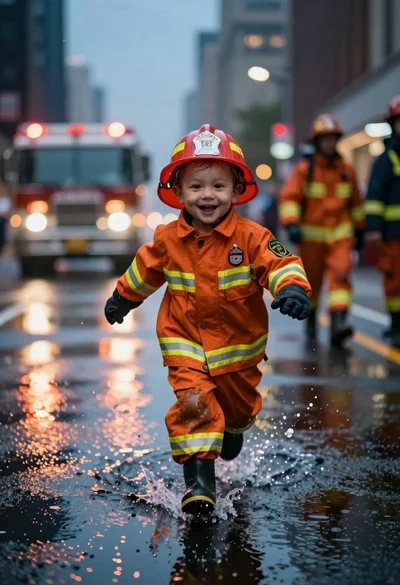 Toddler firefighter running through puddles on wet city street