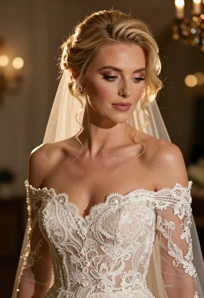 Portrait of bride in lace gown with blonde hair